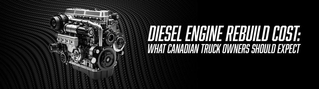 Detailed diesel engine assembly against carbon fiber background with text reading 'Diesel Engine Rebuild Cost: What Canadian Truck Owners Should Expect