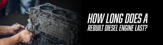 Technician's hands holding a disassembled diesel engine cylinder head with text reading 'How Long Does a Rebuilt Diesel Engine Last?'