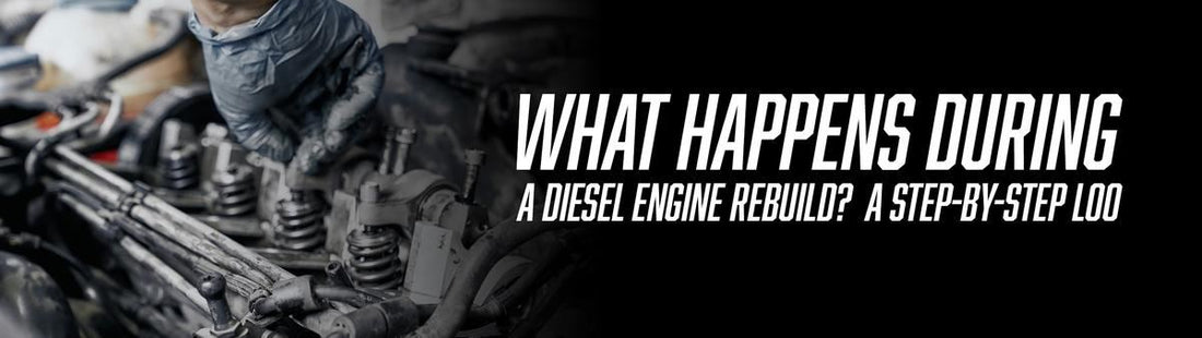 Mechanic working on a diesel engine with hand tools with text reading 'What Happens During a Diesel Engine Rebuild? A Step-by-Step Look