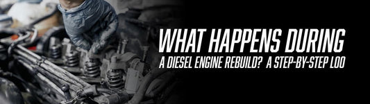 Mechanic working on a diesel engine with hand tools with text reading 'What Happens During a Diesel Engine Rebuild? A Step-by-Step Look