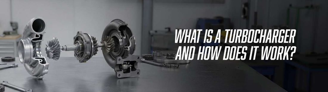 Turbocharger exploded view showing compressor wheel, turbine shaft, and housings disassembled on a workbench with text reading "WHAT IS A TURBOCHARGER AND HOW DOES IT WORK?"
