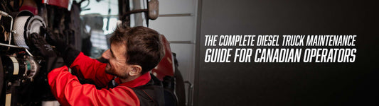 Mechanic in red jacket closely inspecting diesel truck engine components in a repair shop. Text reads: The Complete Diesel Truck Maintenance Guide for Canadian Operators
