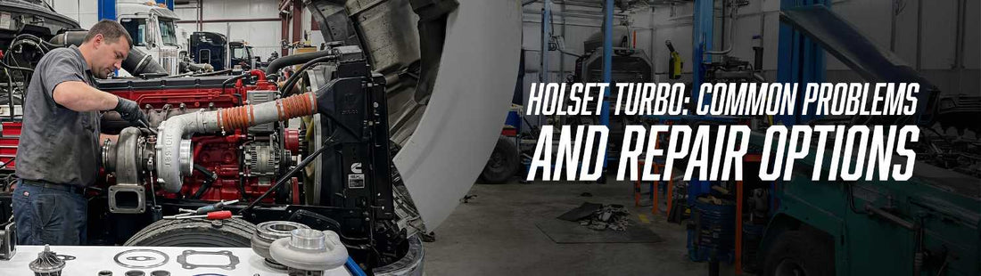 Mechanic working on a red Cummins engine inside a heavy-duty truck at a diesel repair shop, turbo components laid out on a workbench in the foreground. Text reads: HOLSET TURBO: COMMON PROBLEMS AND REPAIR OPTIONS