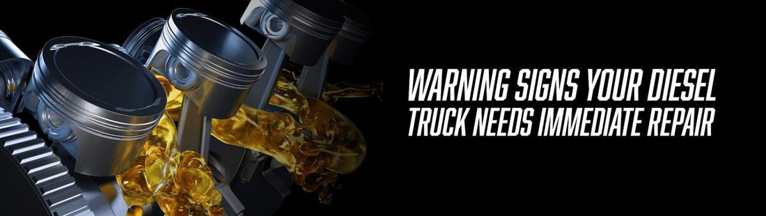 Diesel engine pistons with flowing golden motor oil with text reading 'Warning Signs Your Diesel Truck Needs Immediate Repair