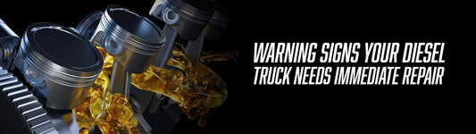 Diesel engine pistons with flowing golden motor oil with text reading 'Warning Signs Your Diesel Truck Needs Immediate Repair