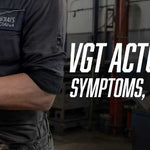 Mechanic using a Snap-on diagnostic scanner on a turbocharger in a diesel repair shop. Text reads: VGT ACTUATOR FAILURE: SYMPTOMS, CAUSES & REPAIR COST