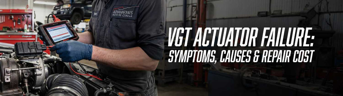 Mechanic using a Snap-on diagnostic scanner on a turbocharger in a diesel repair shop. Text reads: VGT ACTUATOR FAILURE: SYMPTOMS, CAUSES & REPAIR COST