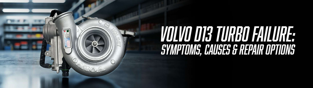 Volvo Holset turbocharger unit displayed on a shop floor with parts shelving in background. Text reads: Volvo D13 Turbo Failure: Symptoms, Causes & Repair Options