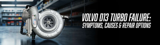 Volvo Holset turbocharger unit displayed on a shop floor with parts shelving in background. Text reads: Volvo D13 Turbo Failure: Symptoms, Causes & Repair Options