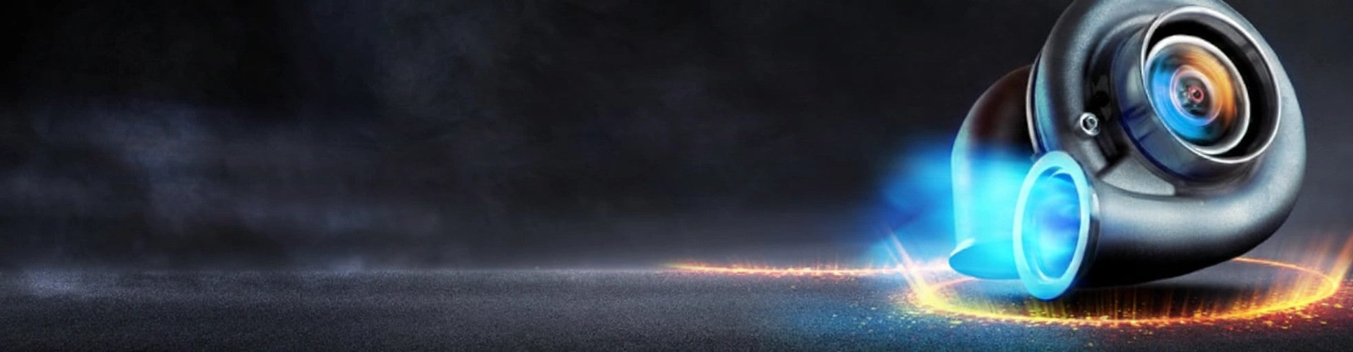 High-tech speaker with glowing blue accents on a dark background