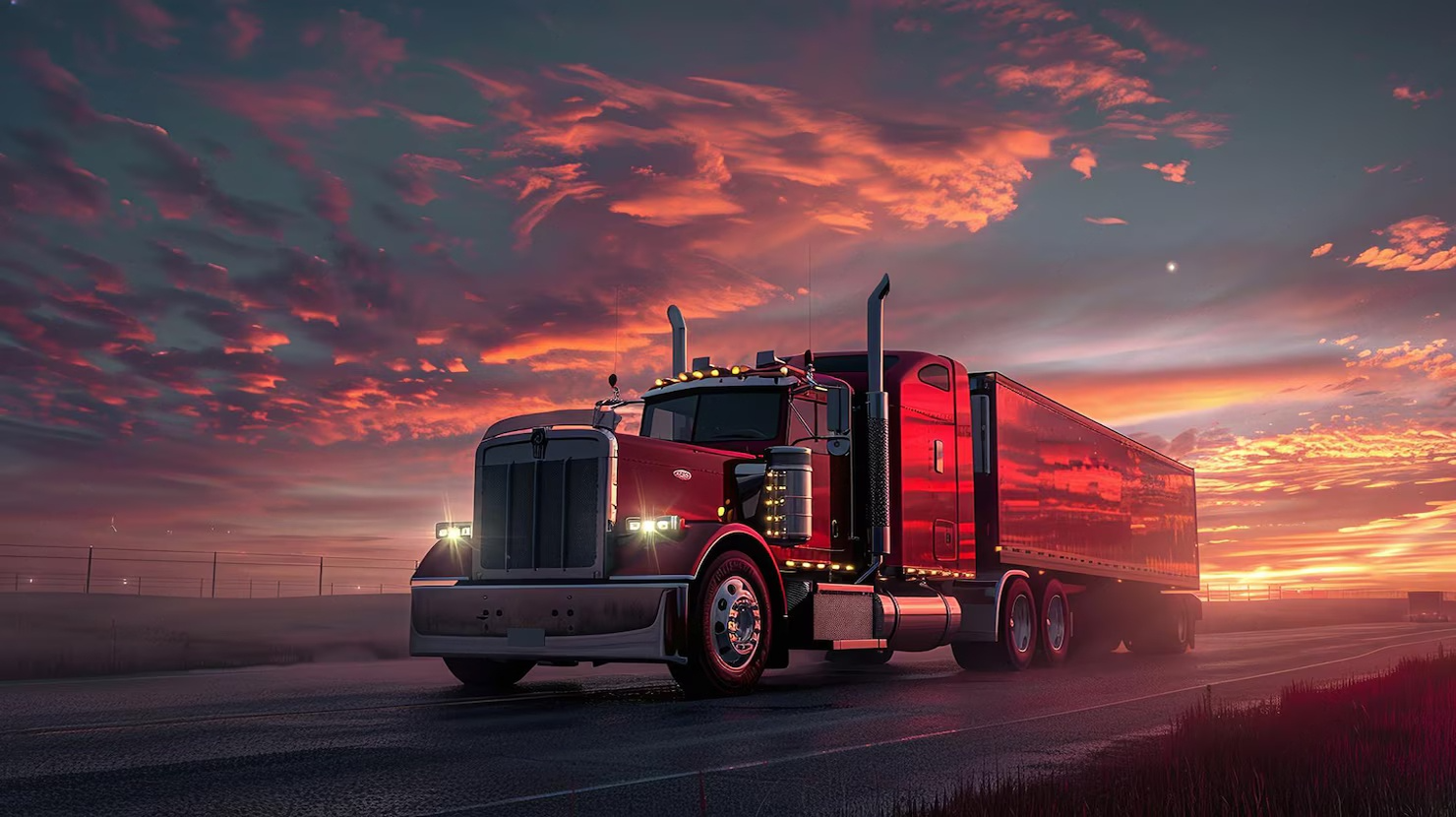 Red truck on a road with a vibrant sunset sky