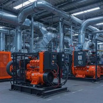 Industrial setting with large orange generators and metal ductwork.