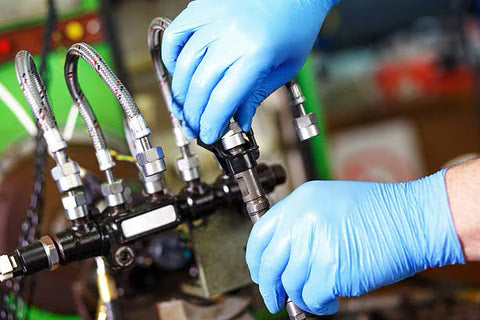 Person wearing blue gloves working on mechanical components with a blurred background