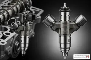 Close-up of a high-pressure fuel injector with engine components on a dark background